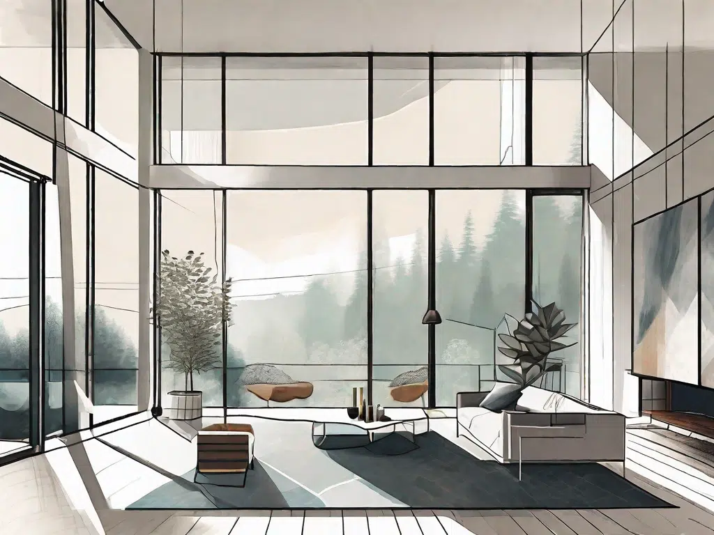 A modern home interior showcasing large floor-to-ceiling windows