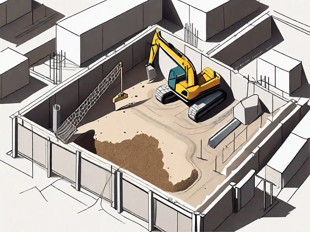 A construction site with a dug-out foundation pit for a prefab house