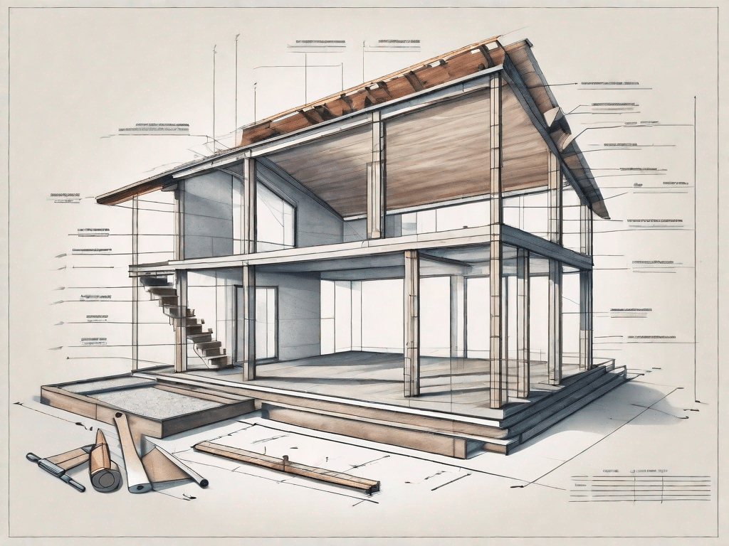 Different stages of a house construction with various tools and measuring instruments