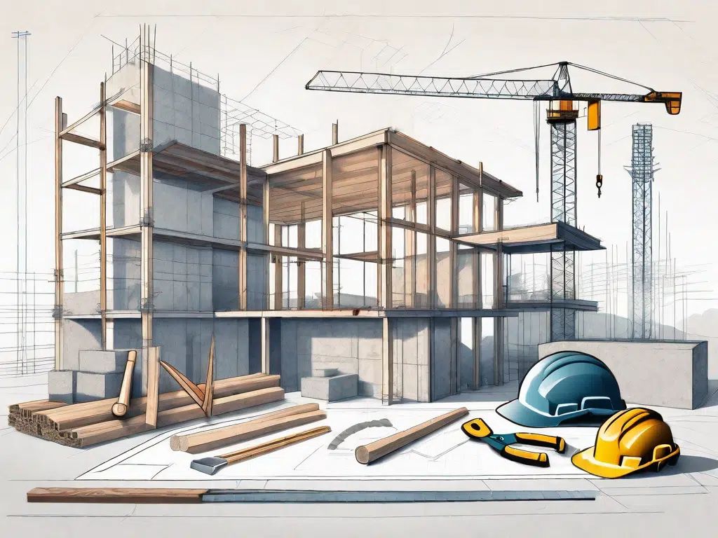 A construction site with various tools and materials