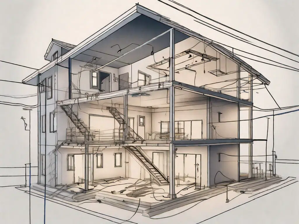 A partially constructed house with visible electrical installations like wiring